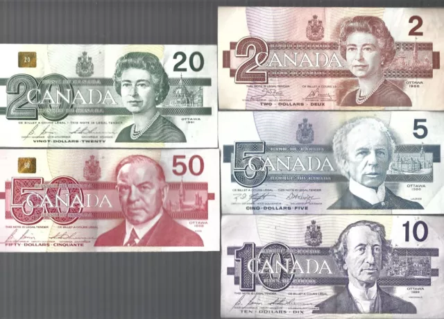 Canada 🎯 Bank of Canada ... $2/$5/$10/$20/$50 ✨5 notes lot #2354