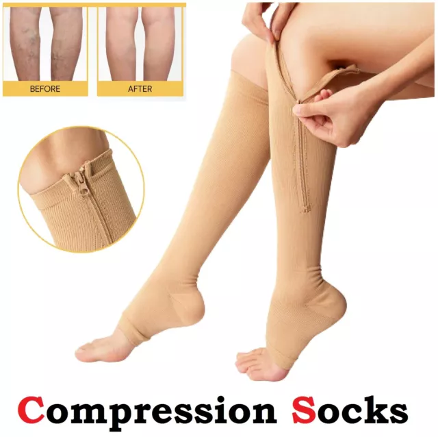 Zip Sox Compression Socks Zipper Leg Support Knee Open Toe Shaper Sport Stocking