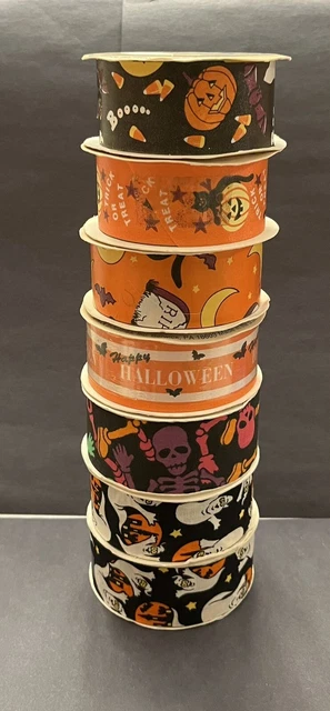 Lote de 7 rollos de colección cinta de Halloween usada sin usar gato espeluznante fantasma esqueleto caramelo