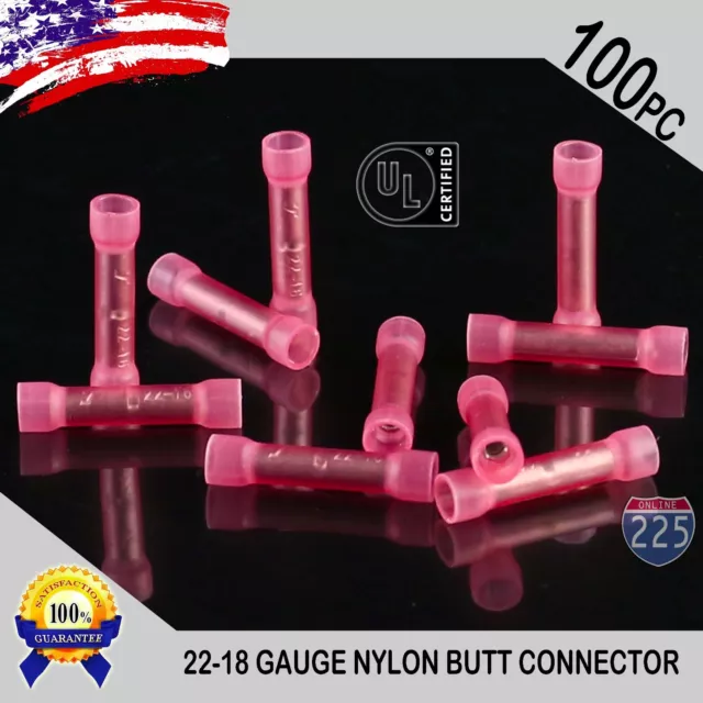 100 Pack 22-18 Gauge Wire Butt Connectors Red Nylon 22-18 AWG Crimp Terminals UL