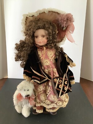 Victorian Porcelain Doll Brunette Curls Brown Velvet Coat Lace Dress 17" w/Stand
