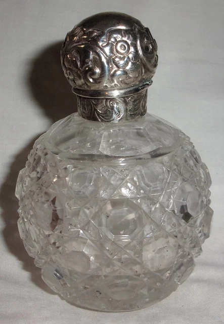 Antigua Gorra Victoriana Inglesa Plata Esterlina 3" Vidrio Cortado Botella De Aroma A Tocador Y