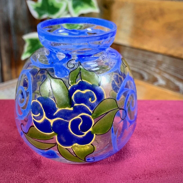 Petit Vase Vintage Années 1930 - Céramique Peinte à Motif Floral, 9x11 Cm, Parfait état