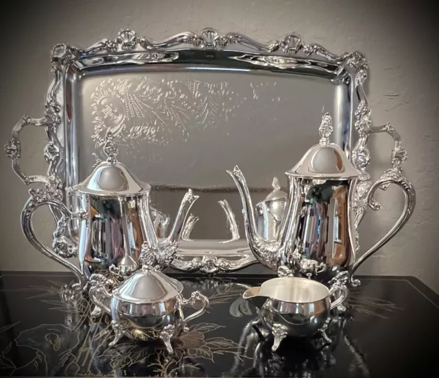 International Silver Co. 5-Piece Silver Plate Coffee and Tea Set w/Serving Tray