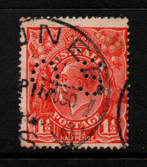 USED HISTORIC 1939 PERFIN RED 11/2d " KING GEORGE V - OS " AUSTRALIA 1913-36