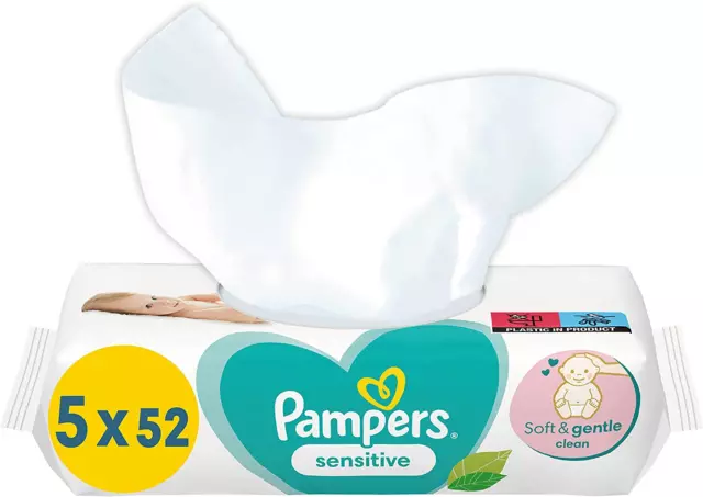 Pampers Sensitive Baby Feuchttücher, 260 Tücher (5 X 52) Ohne Duft, Für Eine San