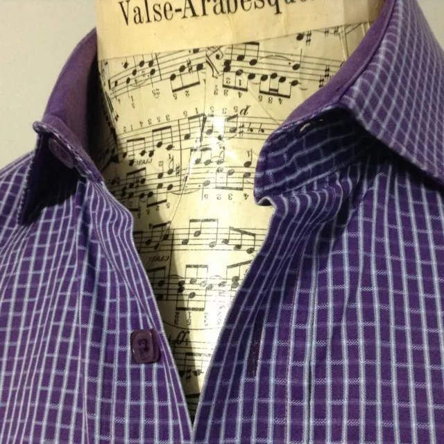 Bugatchi Shirt Mens Large Easter Purple Check Shaped Fit Flip Cuff Dress