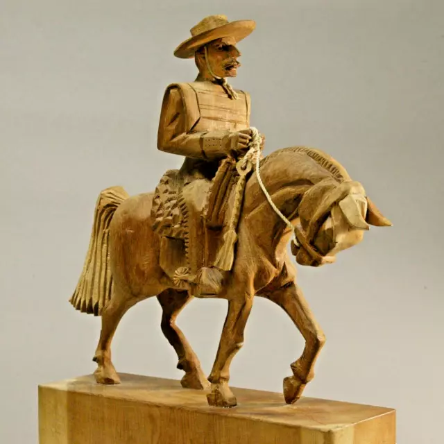 Wooden hand carved cowboy Guacho on Horse artwork sculpture 1969 from CHILE