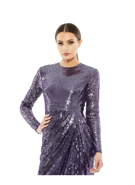 Sequined High Neck Long Sleeve Draped Purple Gown Size 14 Nwot 2