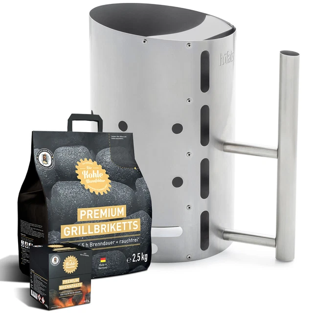 Höfats BBQ Starter Anzündkamin Edelstahl 2,5 kg Grillbriketts 4 x 50g Brennpaste