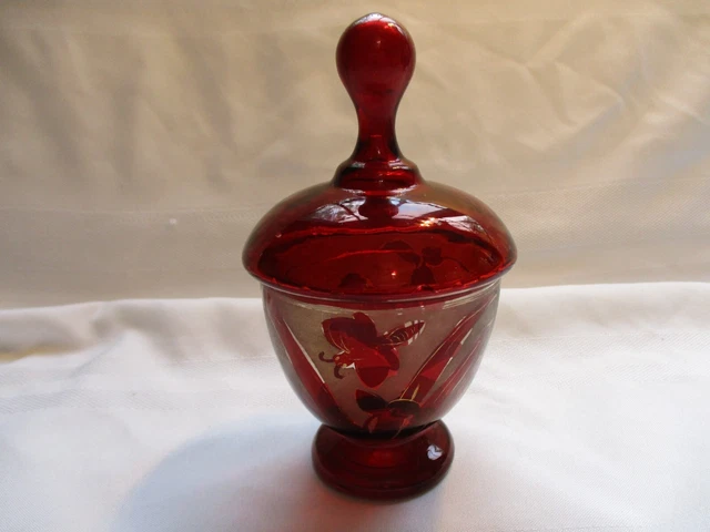 Vtg Bohemian Glass Sugar Bowl~Clear Red Top~Frosted Bowl~Cut To Red With Gold
