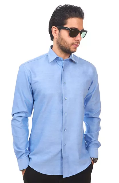 New Mens Dress Shirt Solid Blue Tailored Slim Fit Wrinkle Free Cotton AZAR MAN