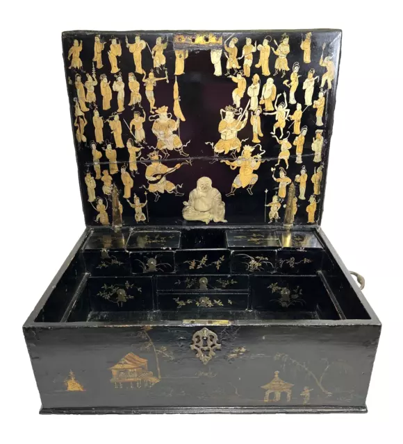 Antique Black Lacquer Gold Gilt Chinese Oriental Wooden Export Box Jewelry Game