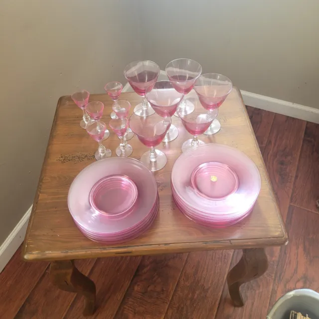 Tiffin-Franciscan Wistaria Pink Wine Glasses (12), 8” Plates (12)