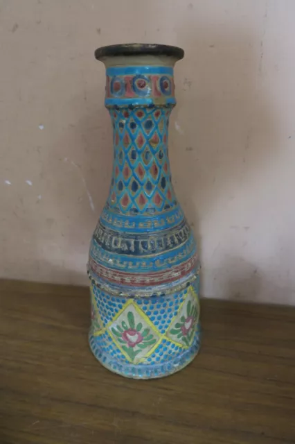 Antique Persian Handmade Hand Painted Clay Pottery Vase Bottle Hookah Base 10"