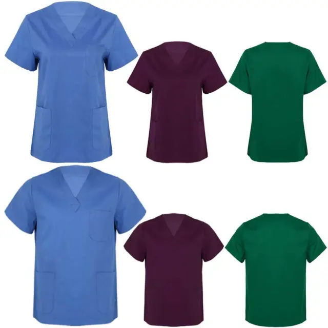 Women Scrub Medical Uniform Top Men Tunic Nurse Hospital Short Sleeves Workwear