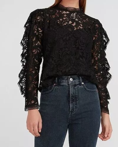 Express Lace Mock Neck Ruffle Sleeve Chic Elegant Top Blouse Unlined Black Sz S