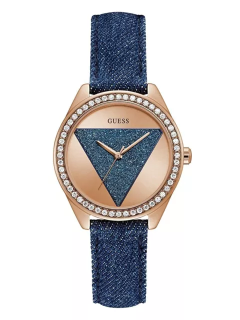 GUESS denim Women's Blue Leather Strap Rose Gold tone Watch U0884L7