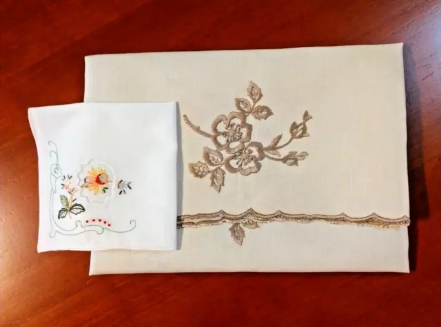 Vintage Linen  Hand Embroidered Tablecloth Topper Beige and Handkerchief
