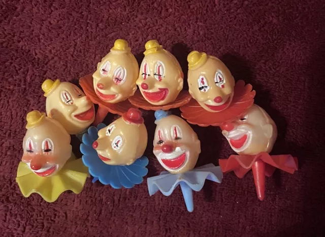 Lot of 8 Vintage 1960s Plastic Clown Head Cake Toppers 2" Tall