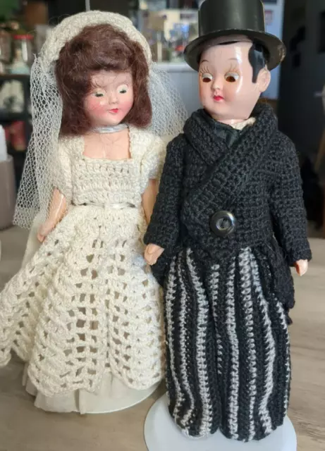Vintage 1940s Celluloid Bride & Groom Hand Crochet Outfits