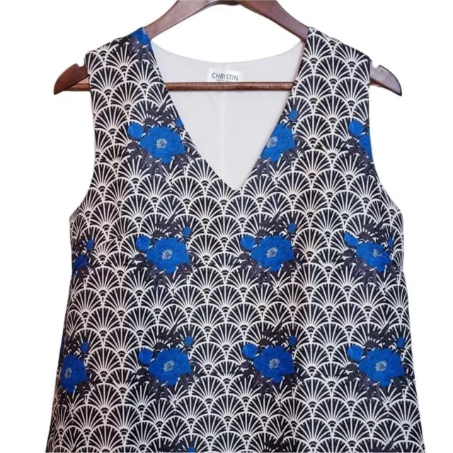 Christin Michaels Womens Floral Tank Dress Blue Black Short V Neck M 3