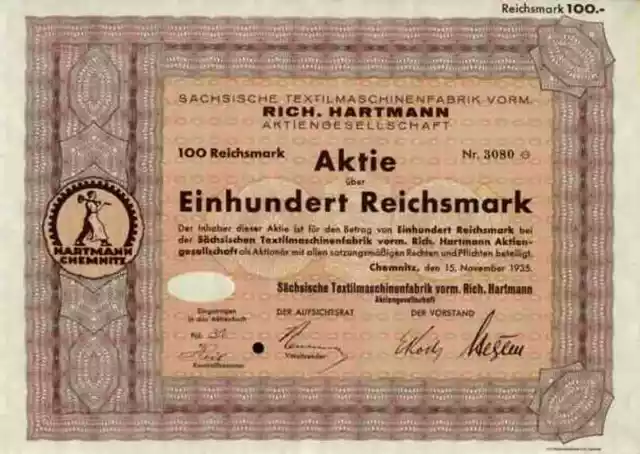 Sächsische Maschinenfabrik vorm. Rich. Hartmann AG 1935 Chemnitz Sachsen 100 RM