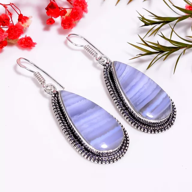 Blue Lace Agate Vintage Handmade 925 Sterling Silver Earrings 2.1" GSR-5900