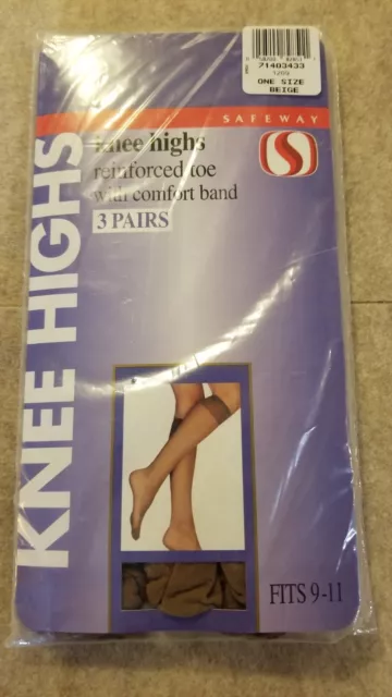 RARE Knee Highs SAFEWAY Beige One Size Nylon Socks SEALED 3 pair Vintage