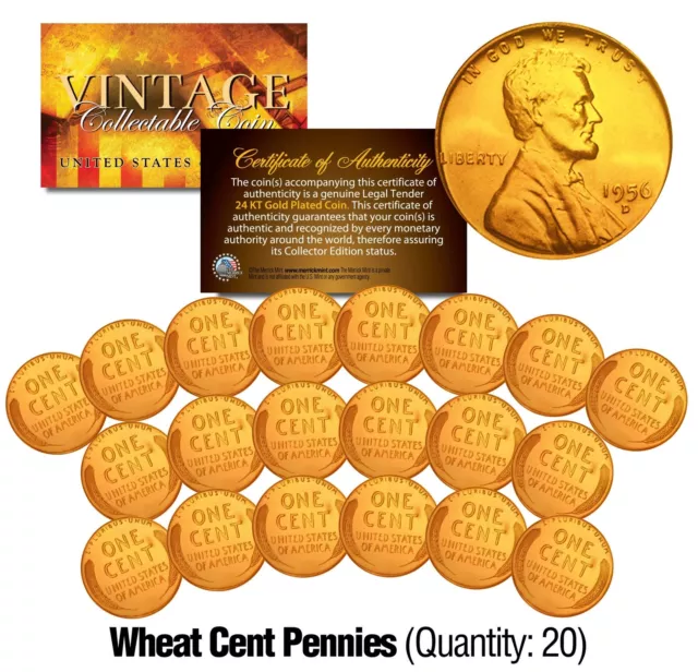 Lot of 20 Lincoln WHEAT Pennies US Coins 24K GOLD PLATED Lincoln Cent Penny