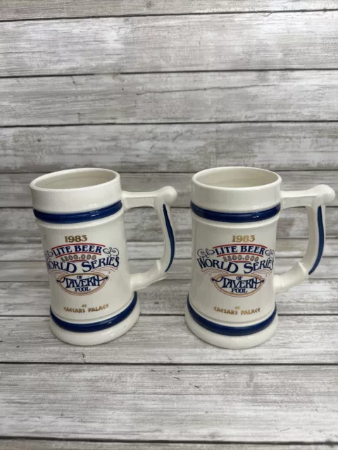 Two 1983 Miller Lite Beer Stein Mug World Series Tavern Pool Caesars Palace 6”