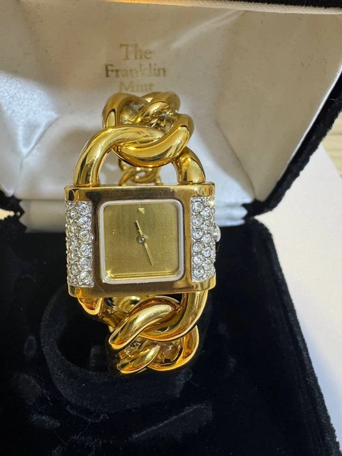 Vintage Franklin Mint Watch Womens 27mm Gold Tone Crystals New Battery 6.75\