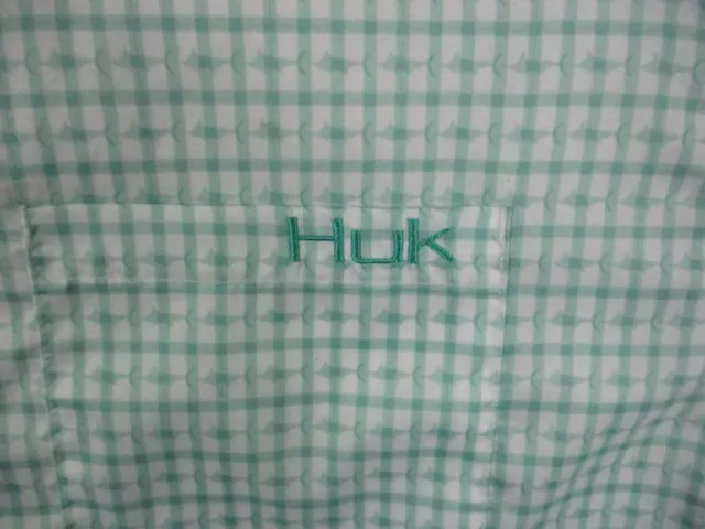 Huk Performance Shirt Mens Large Green White Teaser Gingham Short Sleeve 2