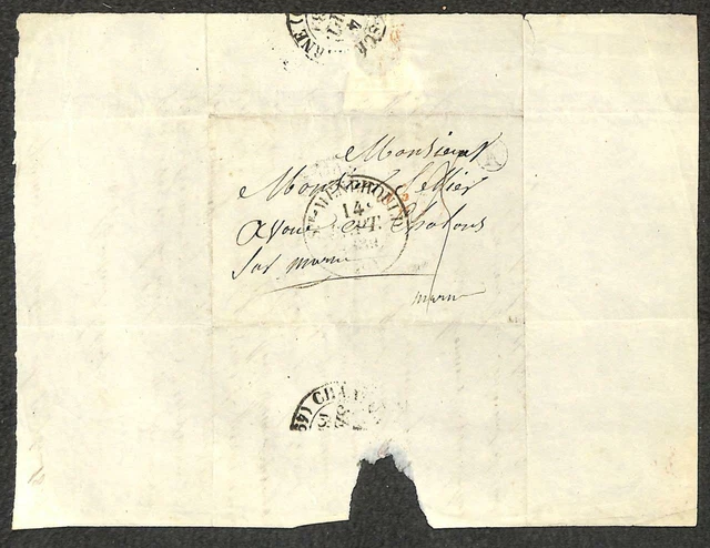 France St. Menehould To Chalon Sur Marne Stampless Letter Folded Cover 1839