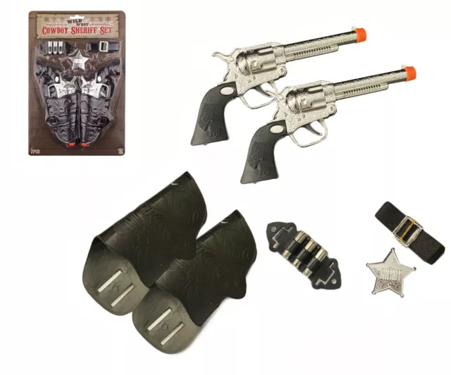 7pc Cowboy Sheriff Twin Holster & Guns Toy Play Set Kids Wild West Fancy Dress