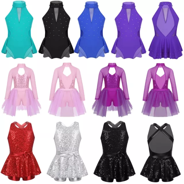 Girls Ballet Jazz Modern Dance Leotard Dress Shiny Sequined Performing Costume