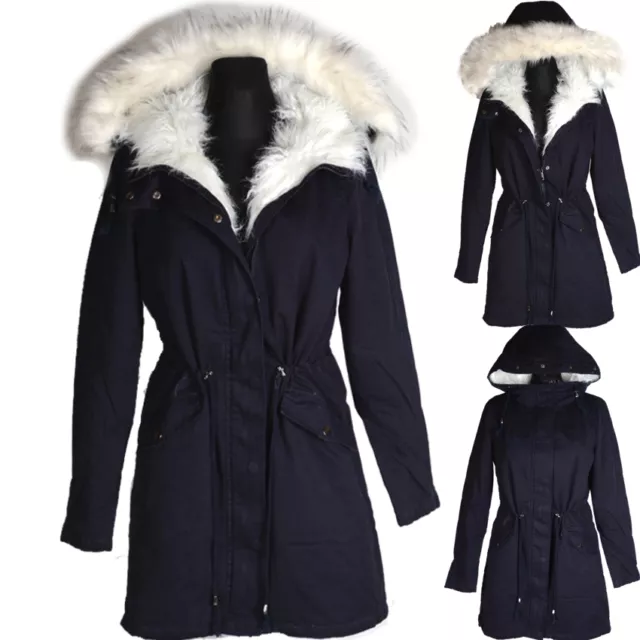 DAMEN WINTER PARKA GEFÜTTERT JACKE WEIß FELL KAPUZE MANTEL 36 38 40 S M L BLAU