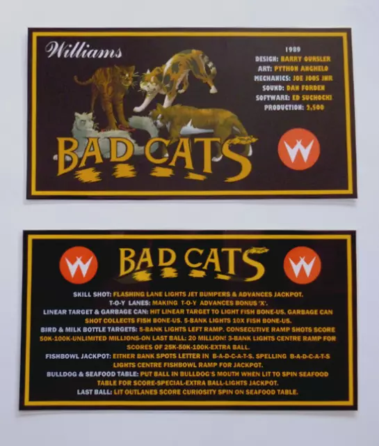 * * 'BAD CATS' Williams 1989 Custom Instruction/Apron Cards * * (New)