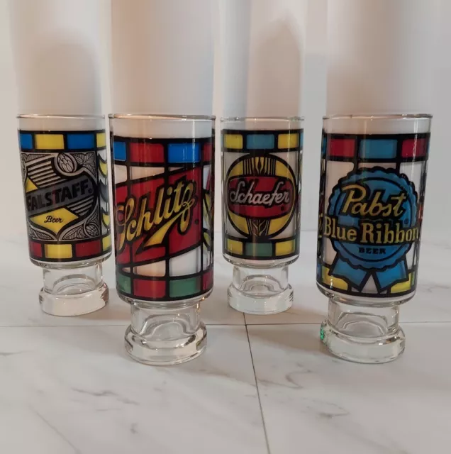 Vintage Pabst Schlitz Schaefer Falstaff Beer Logo Stained Pint Glasses  1970s