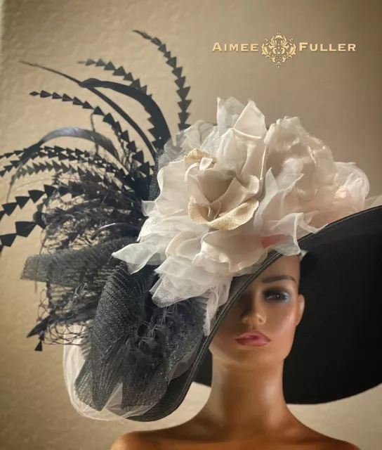 Black Kentucky Derby Hat Pale Beige Rose Ascot Bridal Melbourne Cup Del Mar Hat