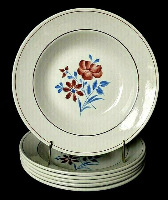 6 assiettes creuses en faïence de St Amand Ceranord décor floral bleu et rouge