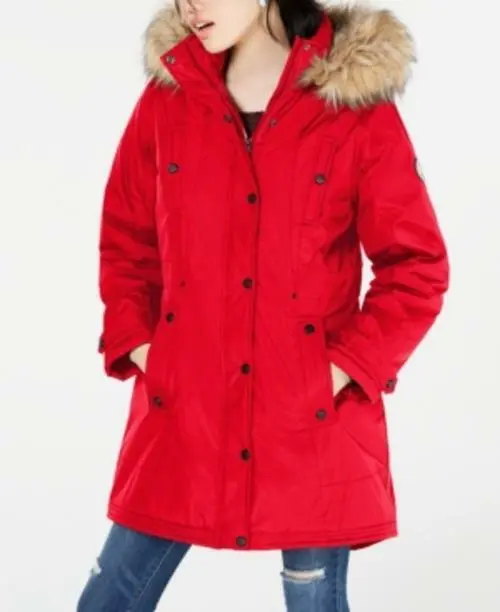 MSRP $120 Madden Girl Juniors' Hooded Faux-Fur-Trim Parka Size Small