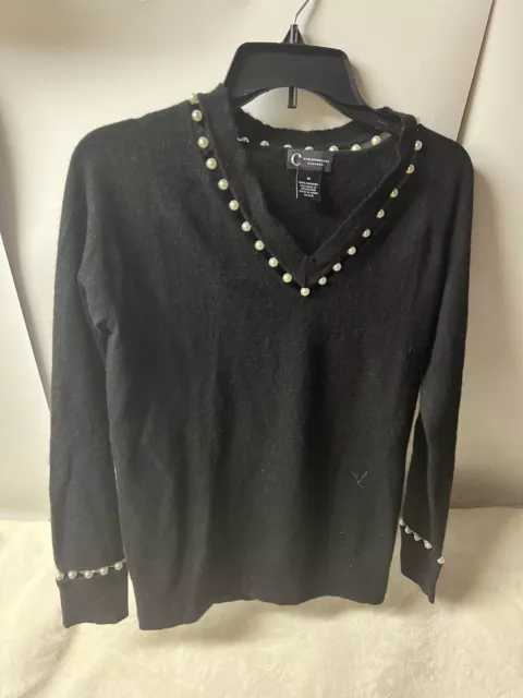 $350 Neiman Marcus Cashmere Collection Women Black V-Neck Embellished Sweater M