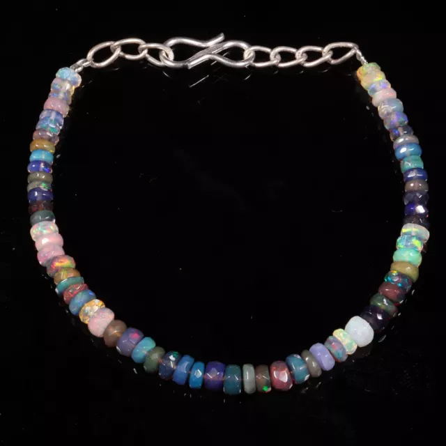 Natural Ethiopian Opal Bracelet, Black Opal Beads Multi Fire, Faceted Opal Beads