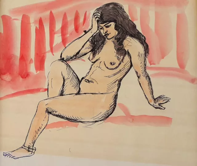 Tableau Encadré Sous verre-Dessin Signé- Lucien Mainssieux-Nu Féminin 2