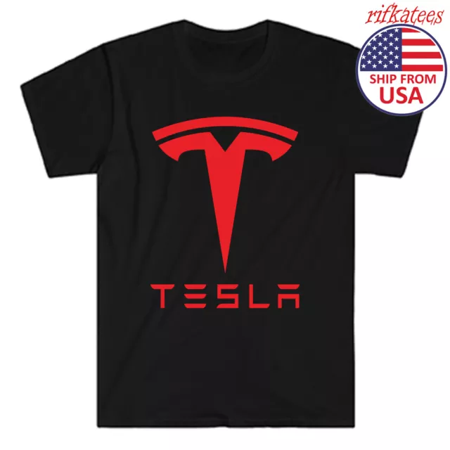 Tesla Electric Car Red Logo Men's Black T-Shirt Size S to XL