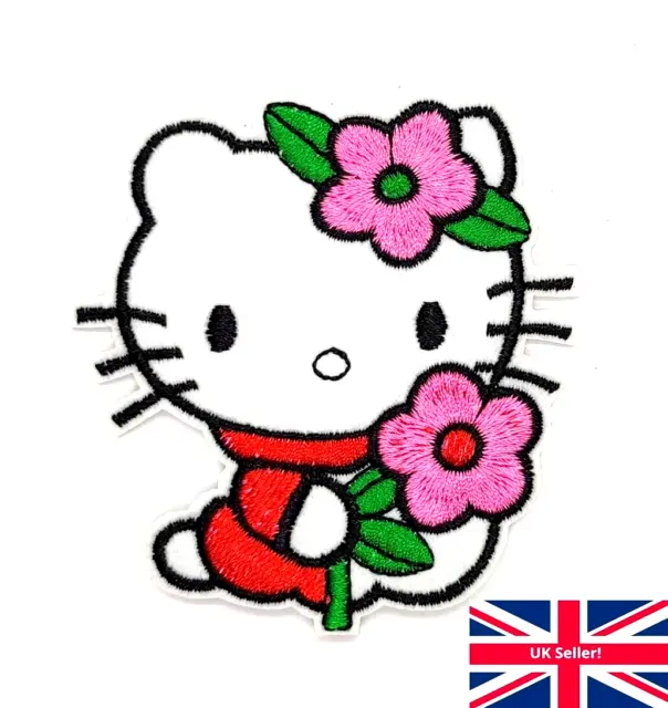 Hello Kitty mit rosa Blumen bestickter Aufnäher Nähen Aufbügeln Abzeichen Kinder Aufnäher
