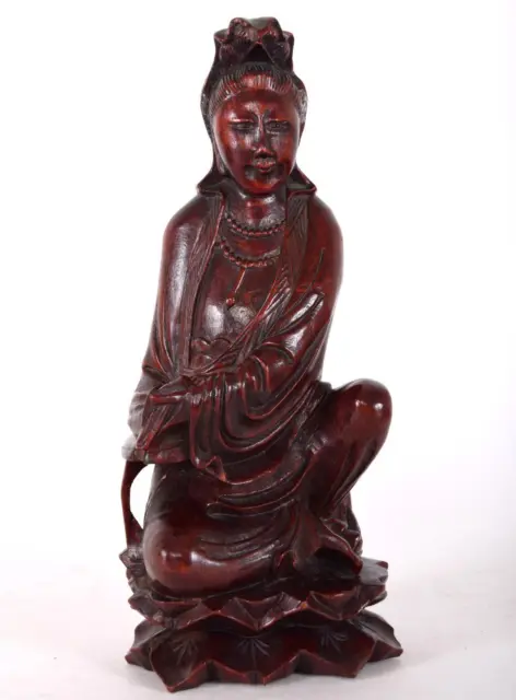 Chinese Carved Rosewood Statue of Kwanyin Seated Double Lotus Pedestal Guanyin
