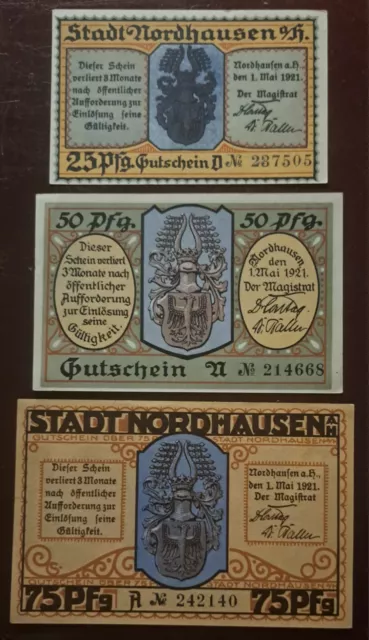 25, 50 und 75 Pfennig. Notgeldscheine der Stadt Nordhausen 01.05.1921