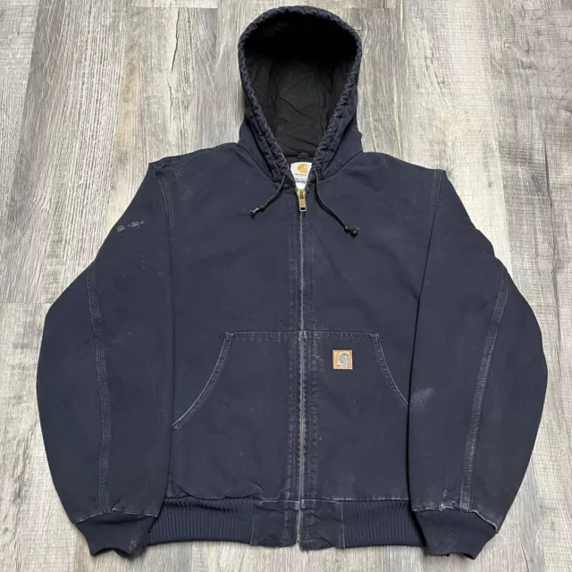Carhartt Distressed Dark Navy Blue Hooded Zip Work Jacket - Size L